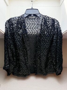 Vintage 80s Toppettes Black Sequin Evening Party Jacket Cardigan